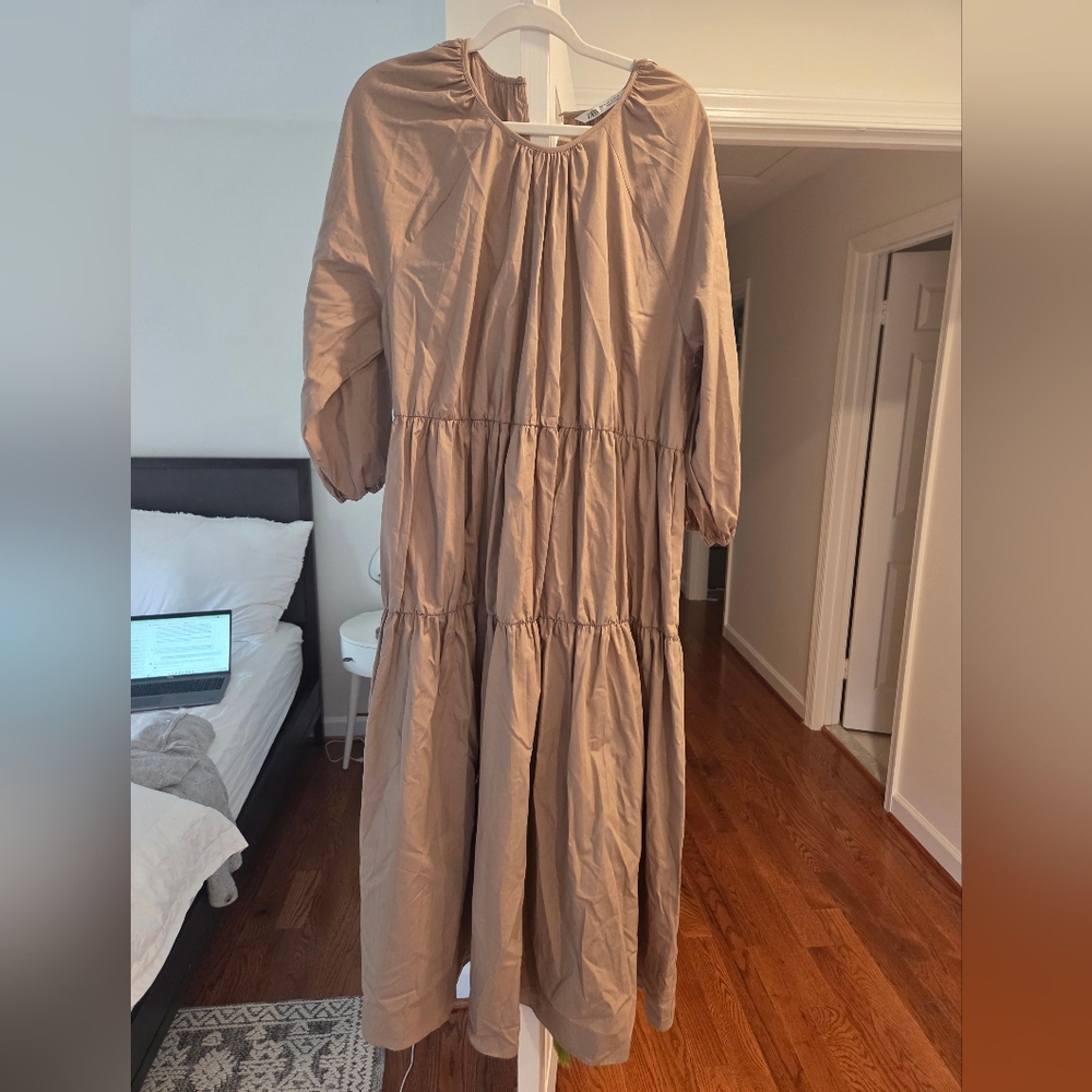 Tiered Long Sleeve Maxi Dress - Taupe